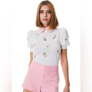 NWT Alice + Olivia Chase Puff Sleeve Floral Embroidery Collar Pullover Sweater M
